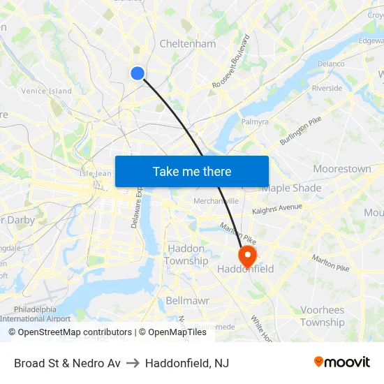 Broad St & Nedro Av to Haddonfield, NJ map