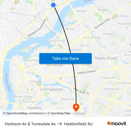 Harbison Av & Torresdale Av to Haddonfield, NJ map