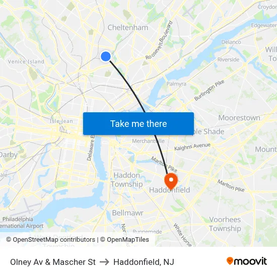 Olney Av & Mascher St to Haddonfield, NJ map