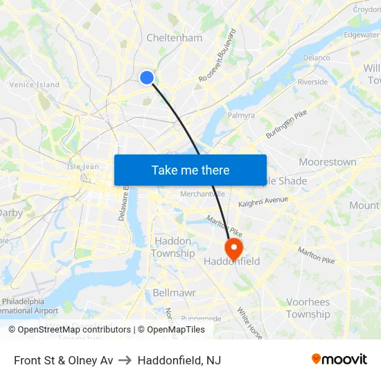 Front St & Olney Av to Haddonfield, NJ map
