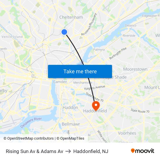 Rising Sun Av & Adams Av to Haddonfield, NJ map