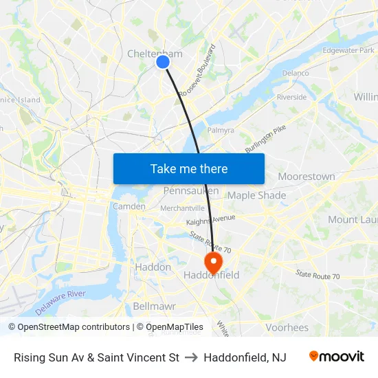 Rising Sun Av & Saint Vincent St to Haddonfield, NJ map
