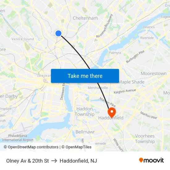 Olney Av & 20th St to Haddonfield, NJ map