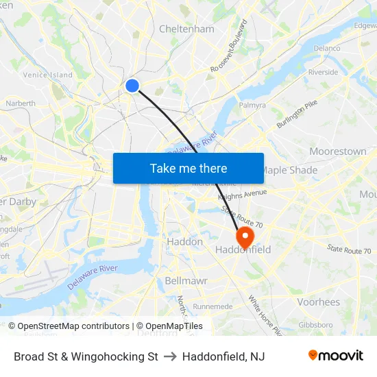 Broad St & Wingohocking St to Haddonfield, NJ map