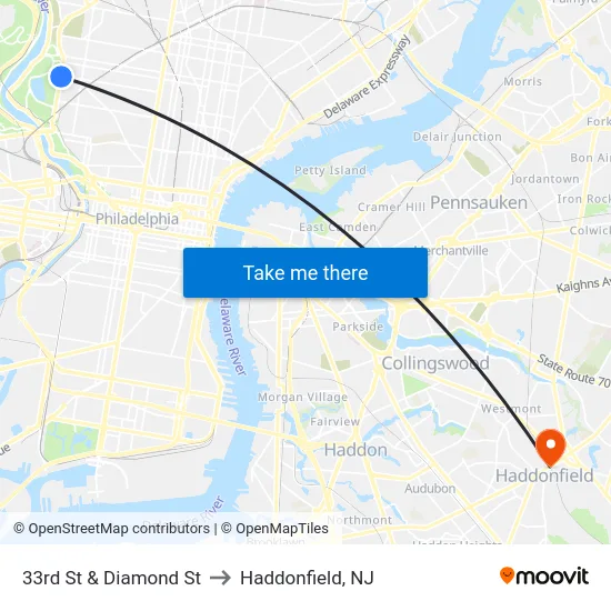 33rd St & Diamond St to Haddonfield, NJ map
