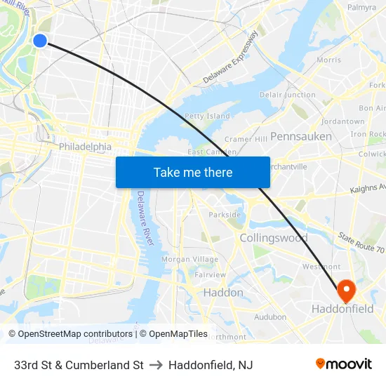 33rd St & Cumberland St to Haddonfield, NJ map