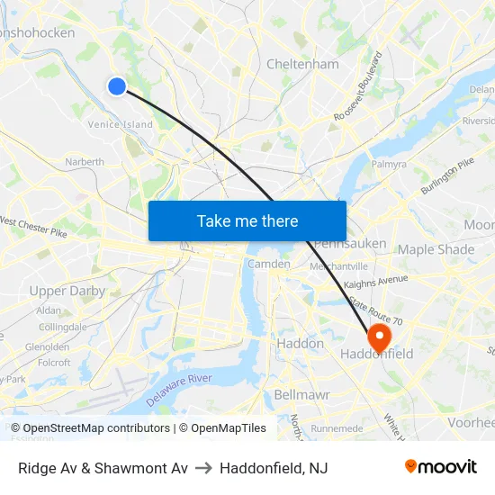 Ridge Av & Shawmont Av to Haddonfield, NJ map