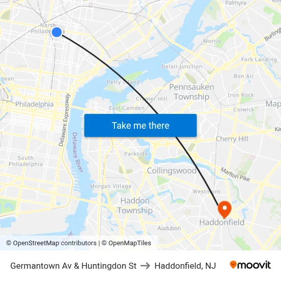Germantown Av & Huntingdon St to Haddonfield, NJ map