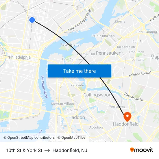 10th St & York St to Haddonfield, NJ map