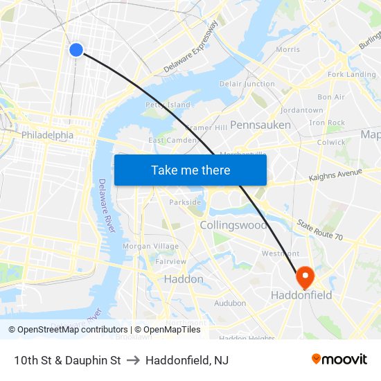 10th St & Dauphin St to Haddonfield, NJ map