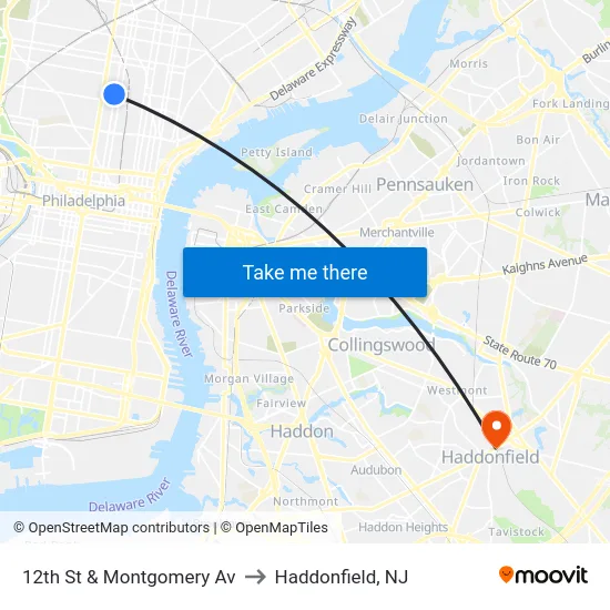 12th St & Montgomery Av to Haddonfield, NJ map