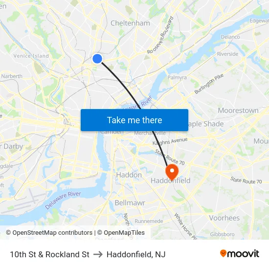 10th St & Rockland St to Haddonfield, NJ map