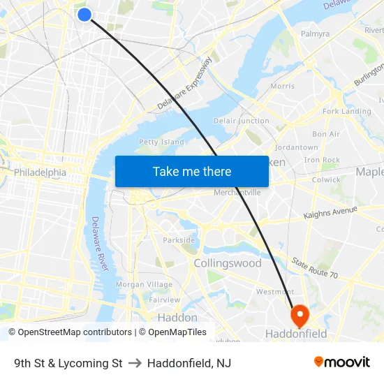 9th St & Lycoming St to Haddonfield, NJ map