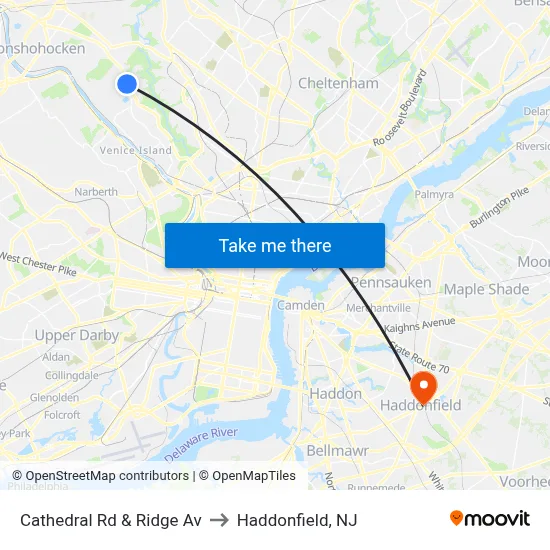 Cathedral Rd & Ridge Av to Haddonfield, NJ map