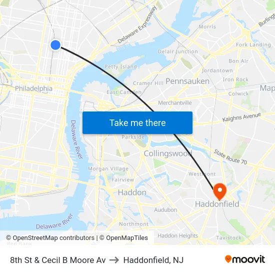 8th St & Cecil B Moore Av to Haddonfield, NJ map