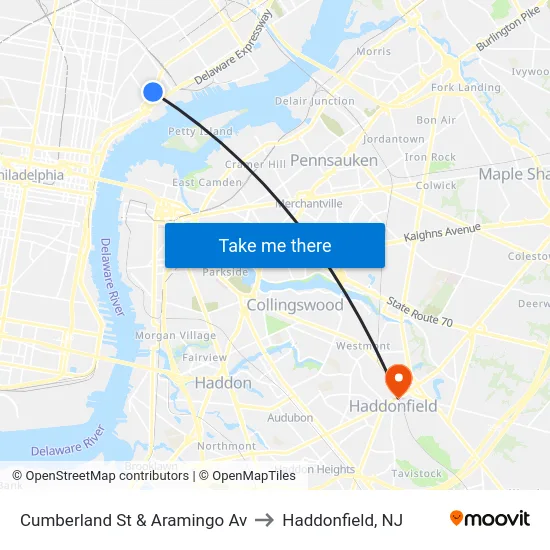 Cumberland St & Aramingo Av to Haddonfield, NJ map