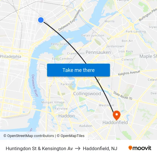 Huntingdon St & Kensington Av to Haddonfield, NJ map