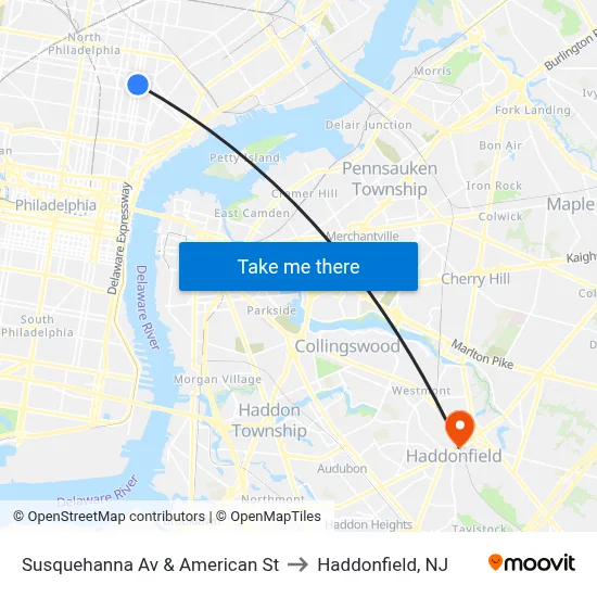 Susquehanna Av & American St to Haddonfield, NJ map