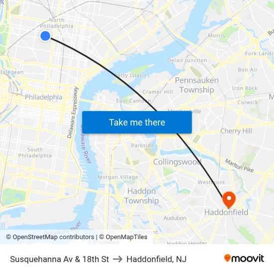Susquehanna Av & 18th St to Haddonfield, NJ map
