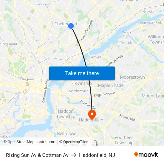 Rising Sun Av & Cottman Av to Haddonfield, NJ map
