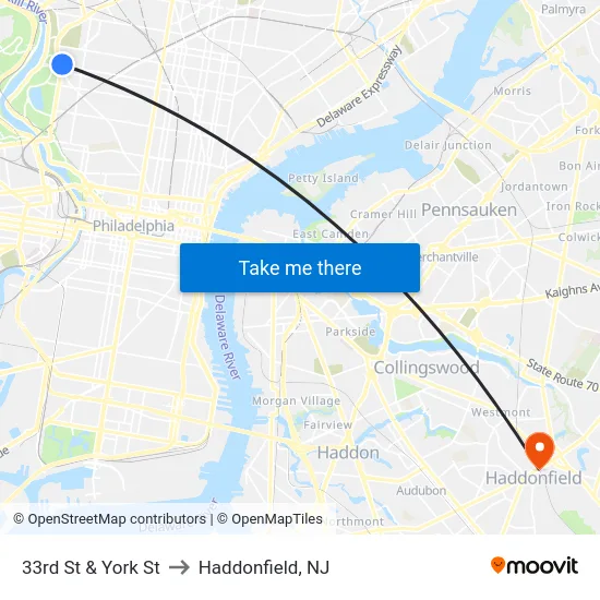 33rd St & York St to Haddonfield, NJ map