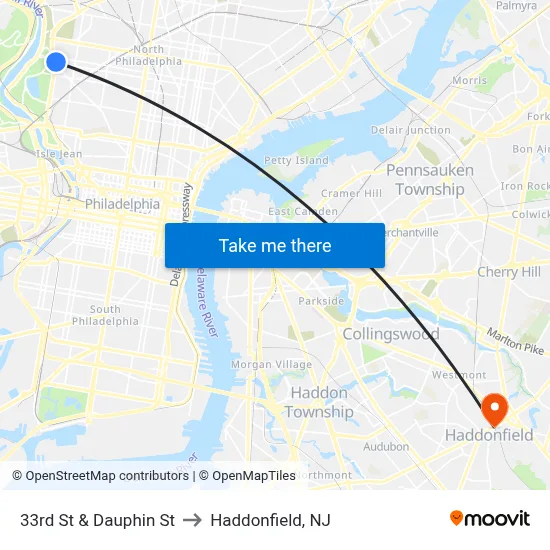 33rd St & Dauphin St to Haddonfield, NJ map