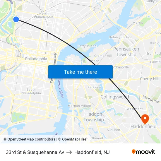 33rd St & Susquehanna Av to Haddonfield, NJ map