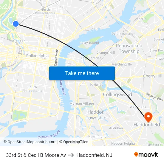 33rd St & Cecil B Moore Av to Haddonfield, NJ map