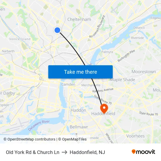 Old York Rd & Church Ln to Haddonfield, NJ map