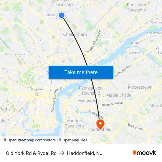 Old York Rd & Rydal Rd to Haddonfield, NJ map