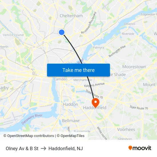 Olney Av & B St to Haddonfield, NJ map