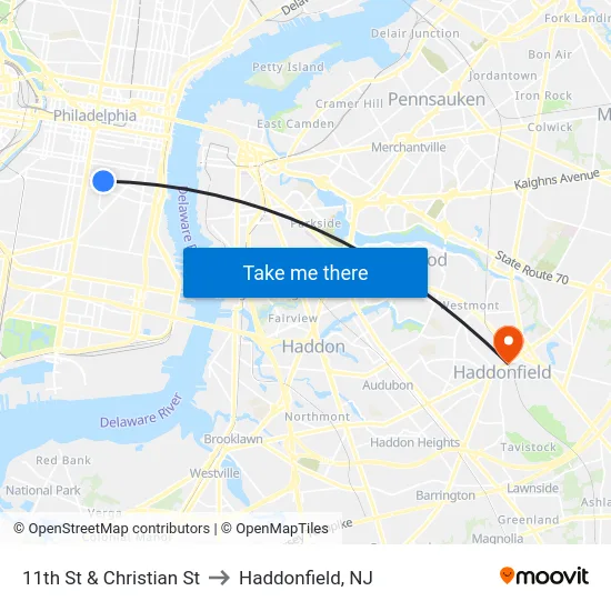 11th St & Christian St to Haddonfield, NJ map