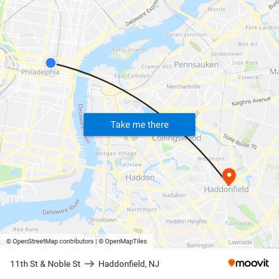 11th St & Noble St to Haddonfield, NJ map