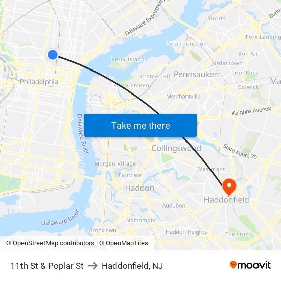 11th St & Poplar St to Haddonfield, NJ map