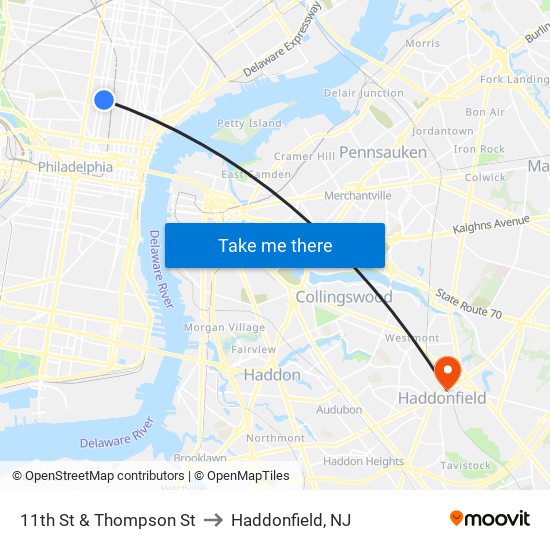 11th St & Thompson St to Haddonfield, NJ map