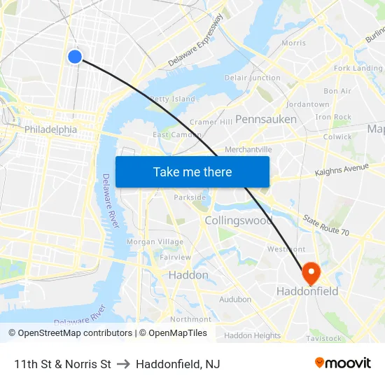 11th St & Norris St to Haddonfield, NJ map