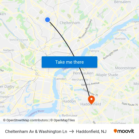 Cheltenham Av & Washington Ln to Haddonfield, NJ map