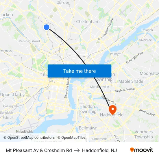 Mt Pleasant Av & Cresheim Rd to Haddonfield, NJ map