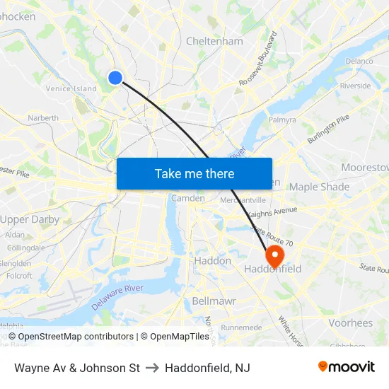 Wayne Av & Johnson St to Haddonfield, NJ map