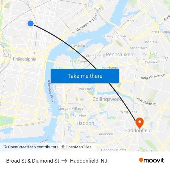 Broad St & Diamond St to Haddonfield, NJ map