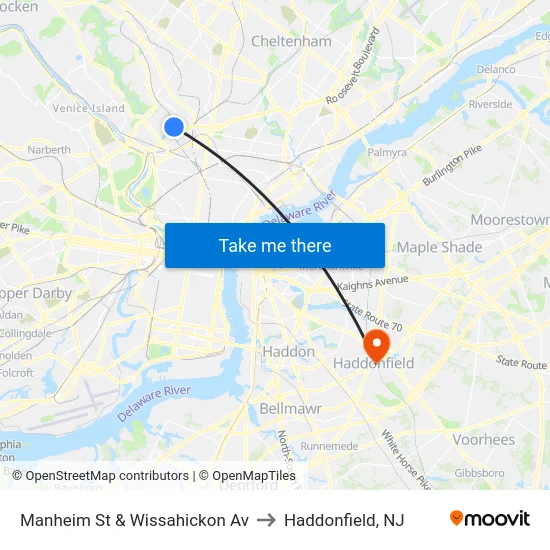 Manheim St & Wissahickon Av to Haddonfield, NJ map