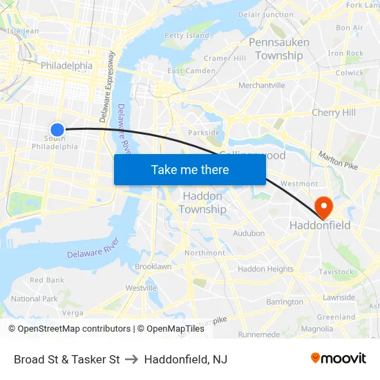 Broad St & Tasker St to Haddonfield, NJ map