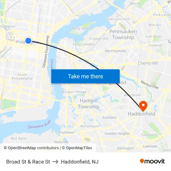 Broad St & Race St to Haddonfield, NJ map