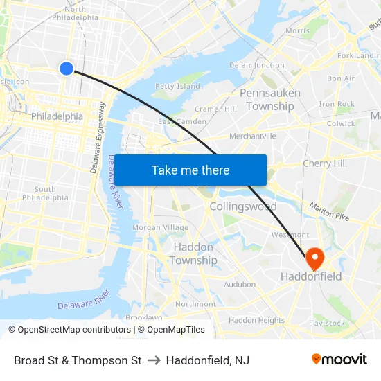 Broad St & Thompson St to Haddonfield, NJ map