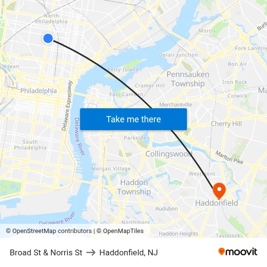Broad St & Norris St to Haddonfield, NJ map