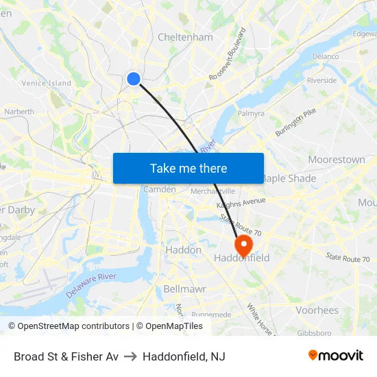 Broad St & Fisher Av to Haddonfield, NJ map