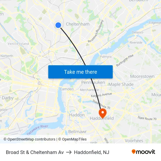 Broad St & Cheltenham Av to Haddonfield, NJ map