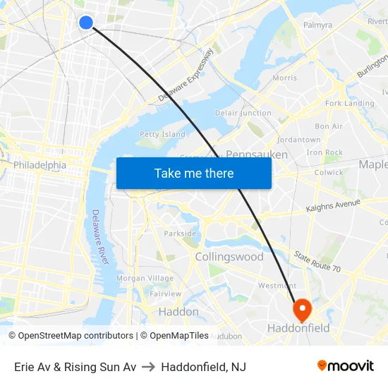 Erie Av & Rising Sun Av to Haddonfield, NJ map