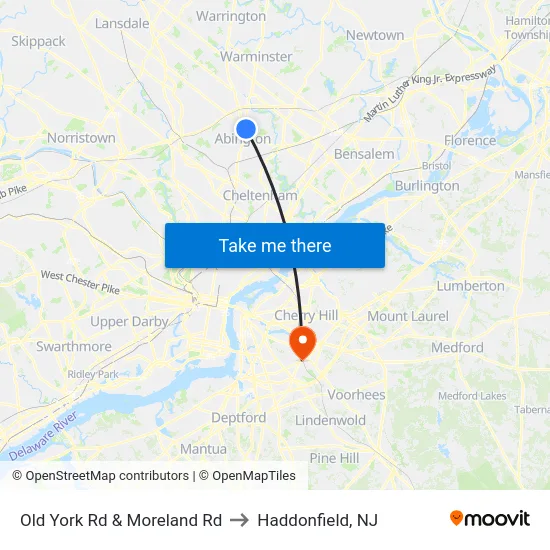 Old York Rd & Moreland Rd to Haddonfield, NJ map