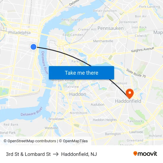 3rd St & Lombard St to Haddonfield, NJ map